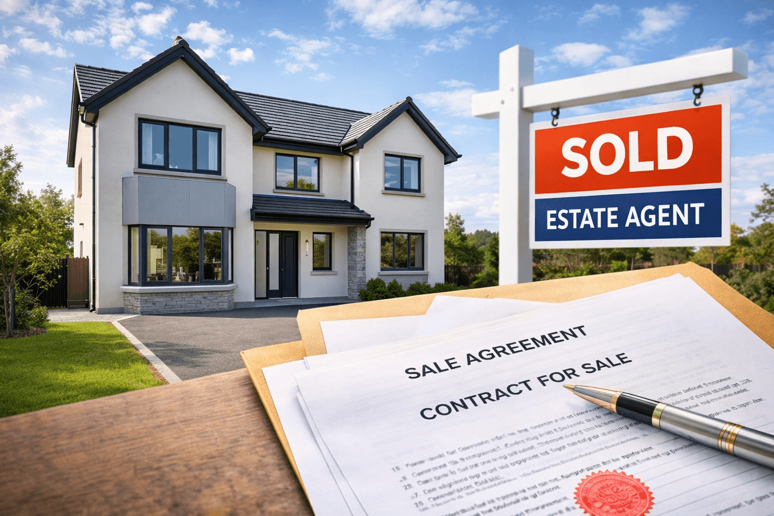 Modern Irish home with a 'Sold' sign and legal documents, representing a fast property transaction.